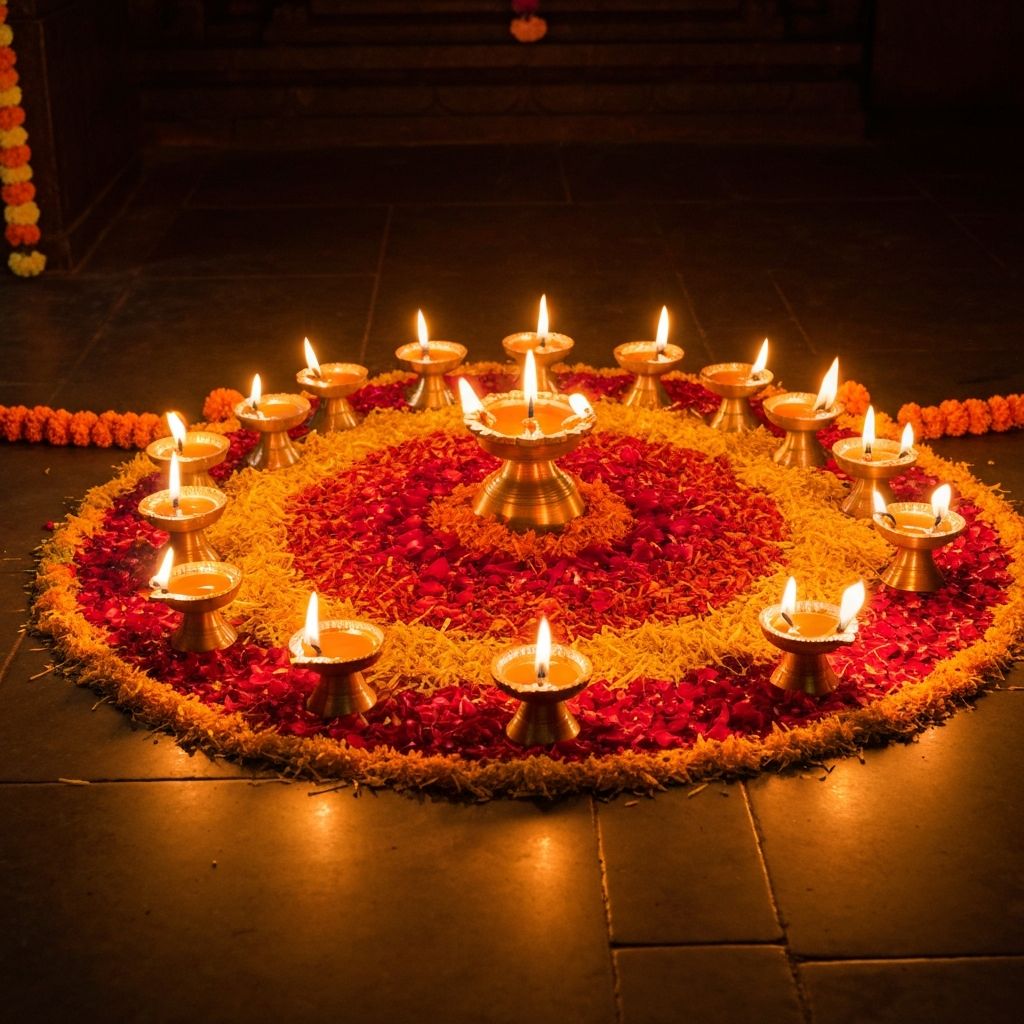 బంతిపూల వలయంలో వెలుగుతున్న ఇత్తడి దీపాలు