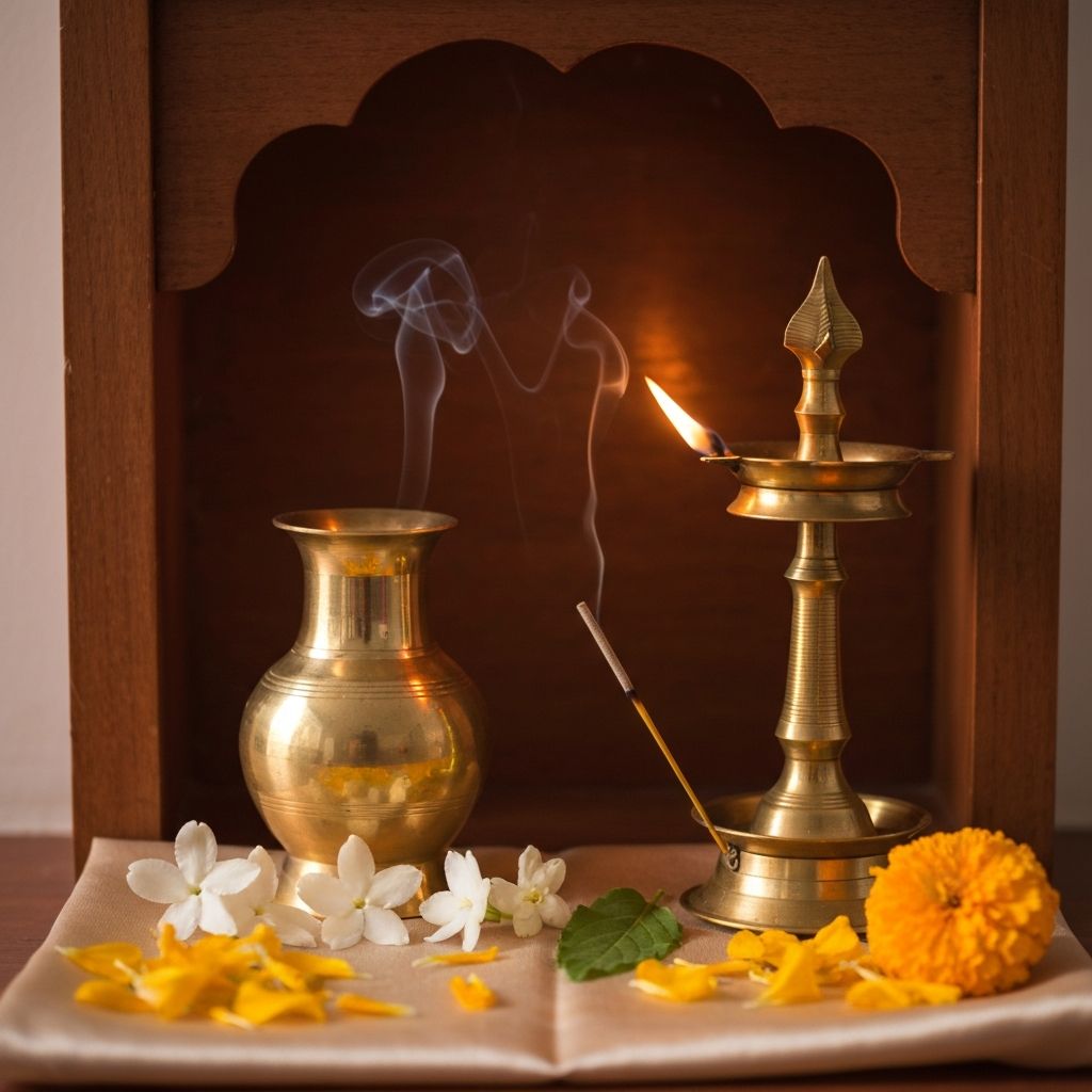 பித்தளை விளக்கும் மலர்களும் கொண்ட பாரம்பரிய வீட்டு பூஜை அறை